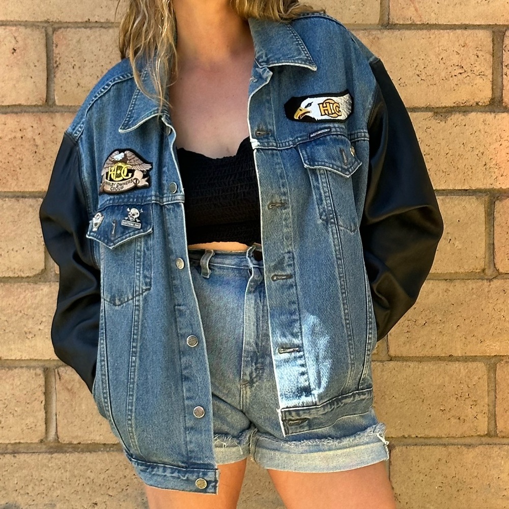 Vtg 90s Harley Davidson Biker Jean Jacket Leather Jean Logo Patch Y2K L